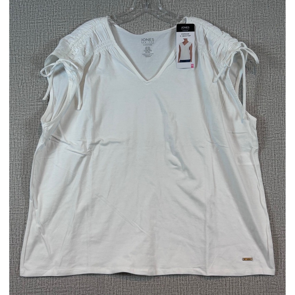 NWT Jones New York Women XXL White Popover V-Neck Ruched Tie Shoulder Top Staple